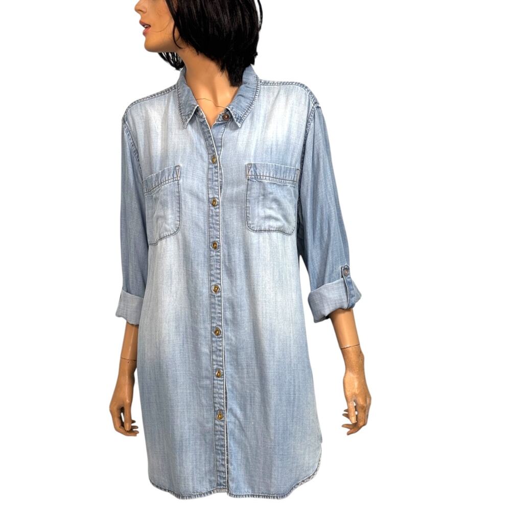 Long Button Shirt Chicos L/12 Roll Tab Faded Wash Lyocell Chambray Coastal Boho